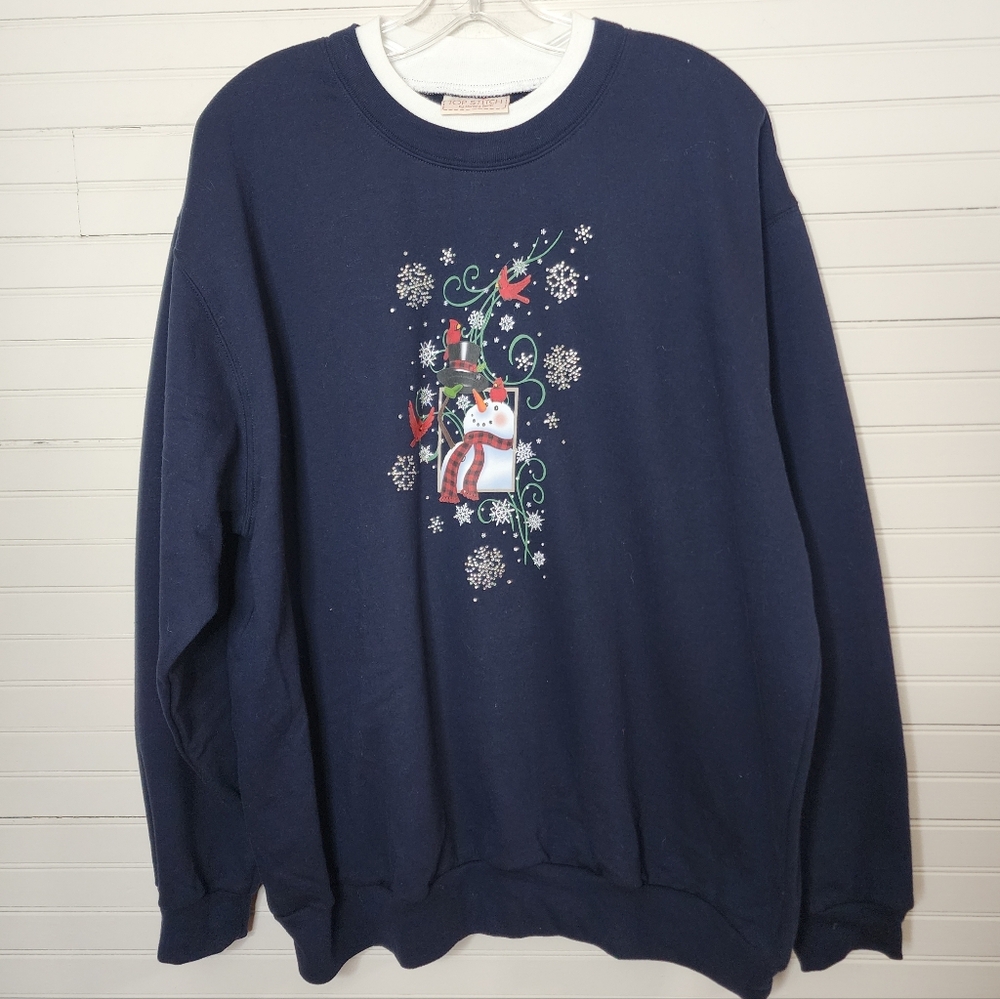 Top Stitch Navy Holiday Snowman Cardinal Sweatshirt‎ 2X